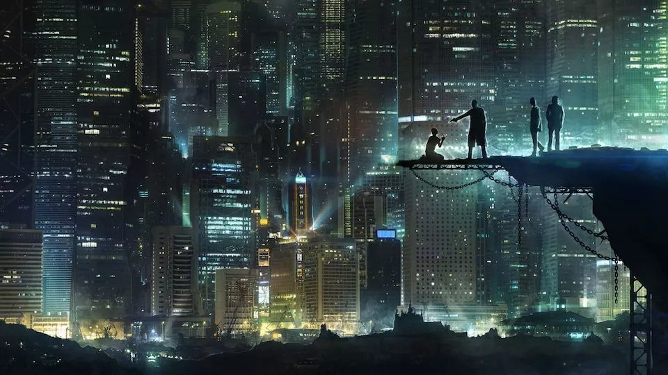 An image of a neon-lit futuristic city. A platform on the right has four silhouetted figures-- one kneeling and begging, one aiming a pistol at him, and the other two looking on.